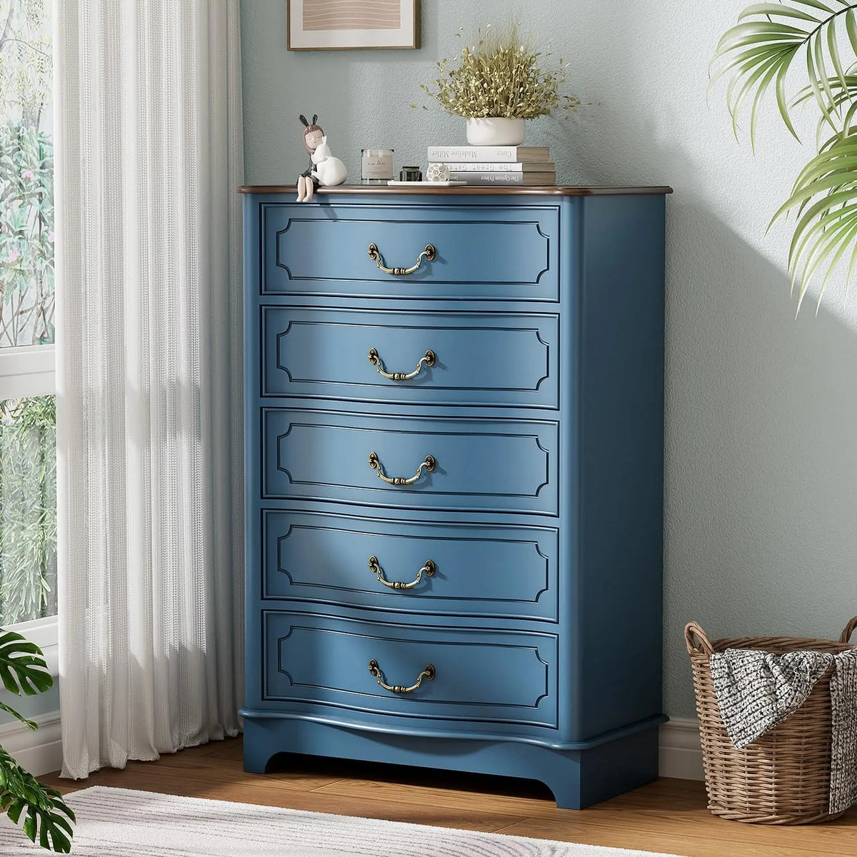 Farmhouse Five Drawer Bedroom Dresser With Rustic Wood Storage